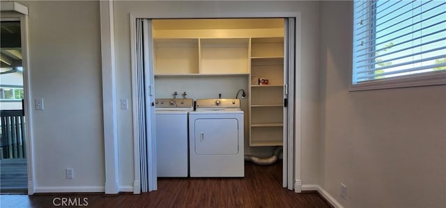 23230 Orange Ave Unit 2, Lake Forest, CA 92630 - laundry area with baseboards, dark wood-type flooring, washer and clothes dryer, and healthy amount of natural light