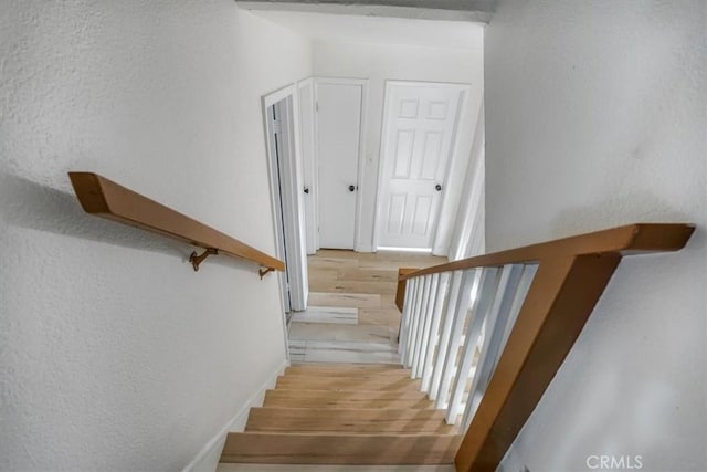 stairs featuring wood finished floors