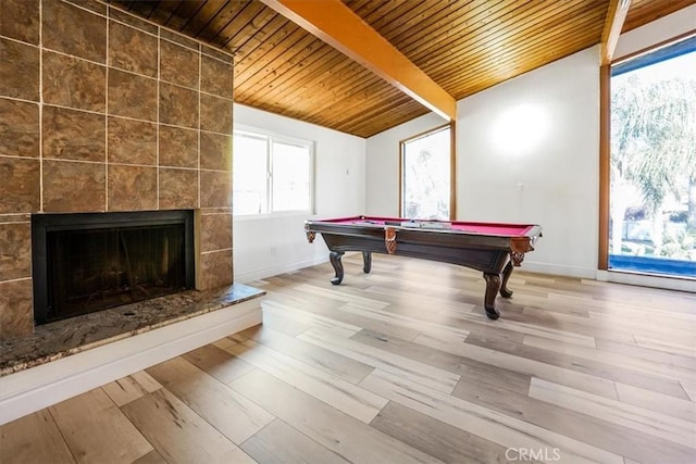 recreation room with billiards, a tile fireplace, lofted ceiling with beams, wooden ceiling, and wood finished floors