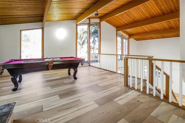 playroom with wood ceiling, wood-type flooring, pool table, vaulted ceiling with beams, and track lighting