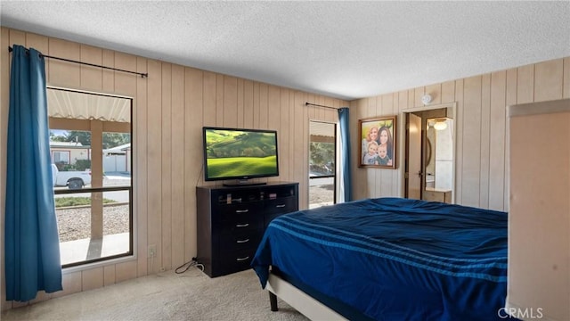 bedroom with light carpet, multiple windows, and a textured ceiling