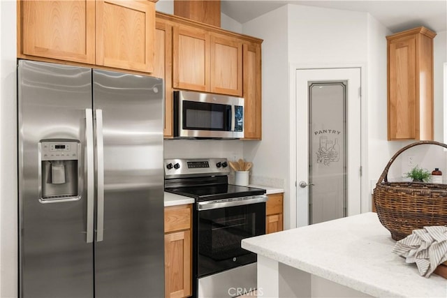 kitchen featuring stainless steel appliances and light brown cabinetry