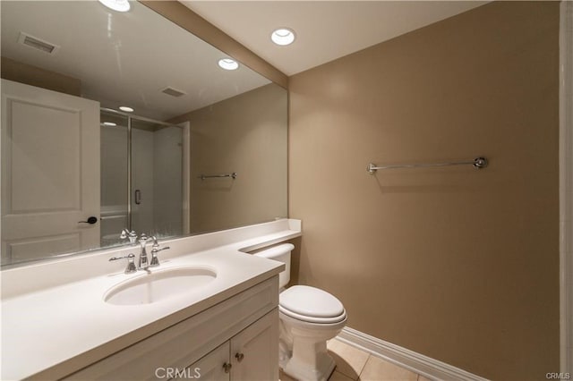 bathroom with toilet, vanity, visible vents, tile patterned floors, and a stall shower