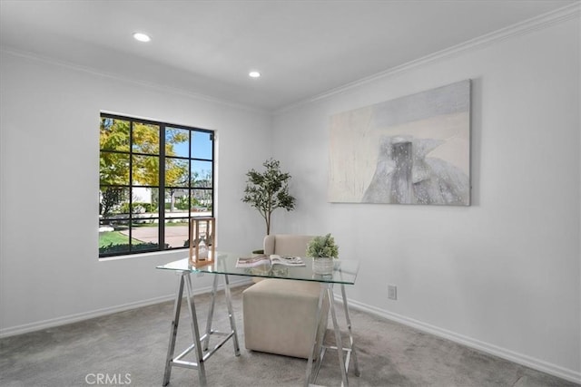 office featuring crown molding, baseboards, recessed lighting, and carpet floors