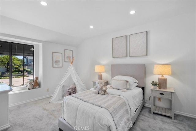 bedroom featuring recessed lighting, carpet flooring, and baseboards