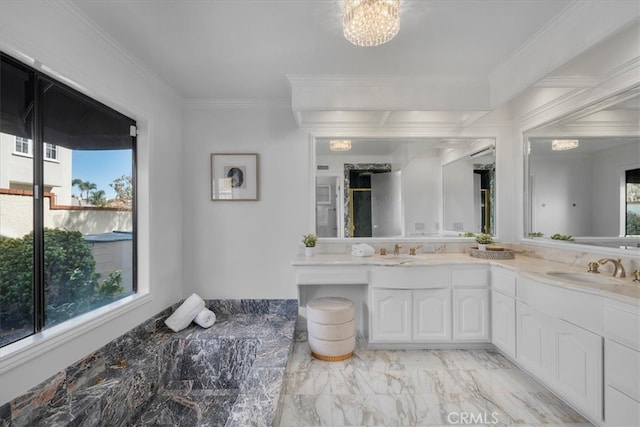 bathroom featuring double vanity, ornamental molding, marble finish floor, and a sink