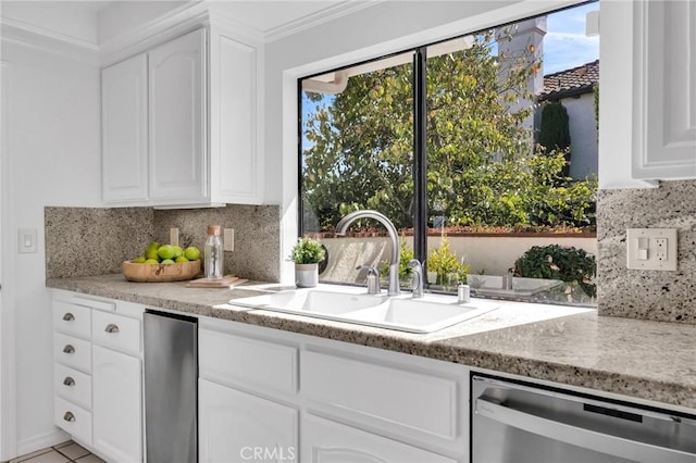 21 Santa Catalina Dr, Rancho Palos Verdes, CA 90275 - kitchen featuring stainless steel dishwasher, a sink, white cabinets, and tasteful backsplash