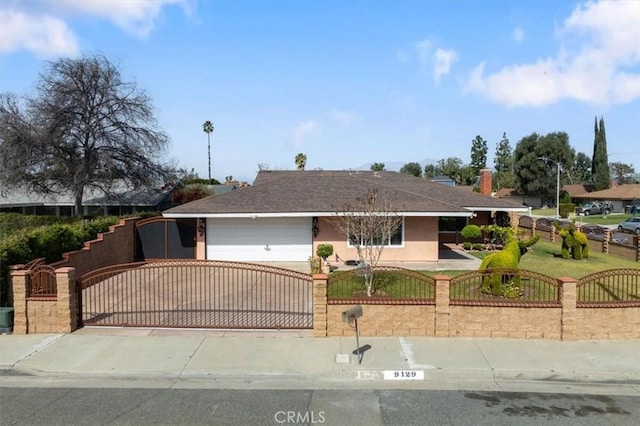 ranch-style house with a fenced front yard, decorative driveway, stucco siding, a gate, and cooling unit