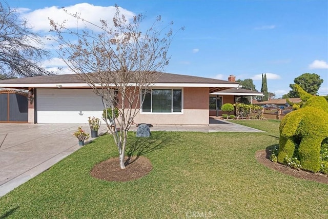 ranch-style home featuring an attached garage, a front lawn, concrete driveway, and stucco siding