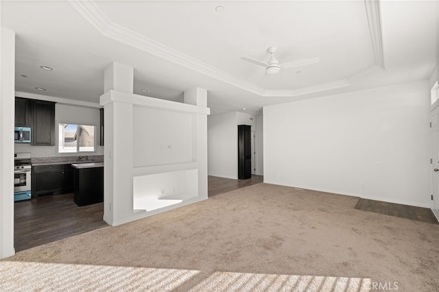 empty room featuring ornamental molding, a tray ceiling, and carpet flooring