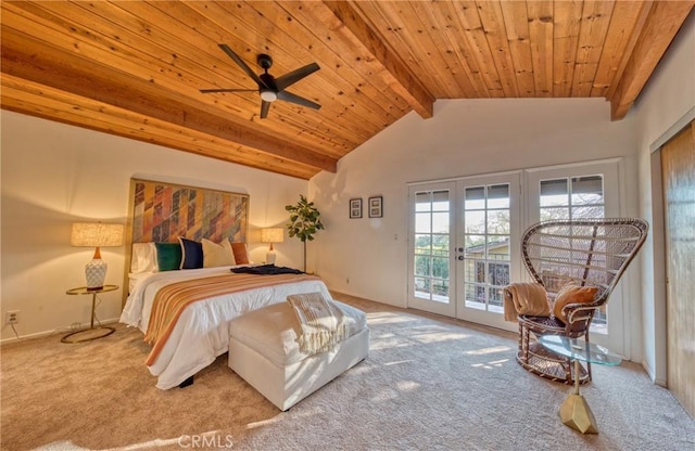 bedroom with carpet floors, french doors, wooden ceiling, and access to exterior