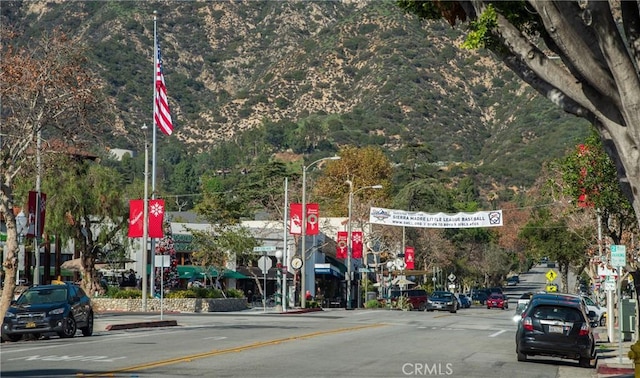 view of street featuring traffic signs, street lighting, curbs, and sidewalks