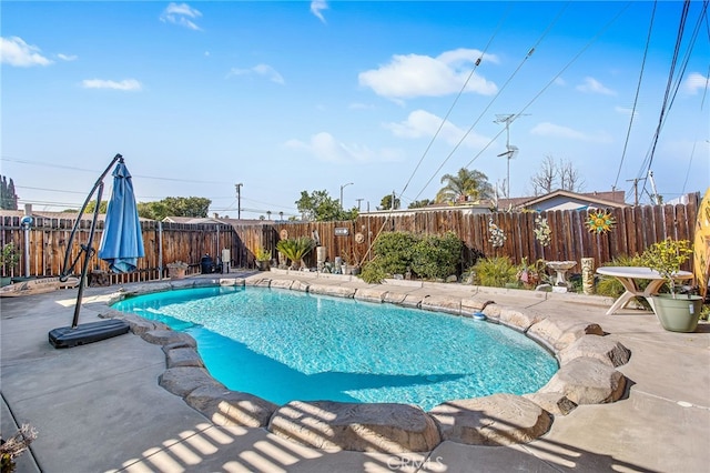 view of pool with a fenced in pool, a fenced backyard, and a patio