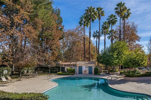 pool featuring a patio area and fence