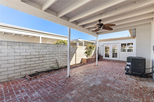 3902 Vista Campana N Unit 45, Oceanside, CA 92057 - view of patio featuring french doors, fence, central AC unit, and ceiling fan