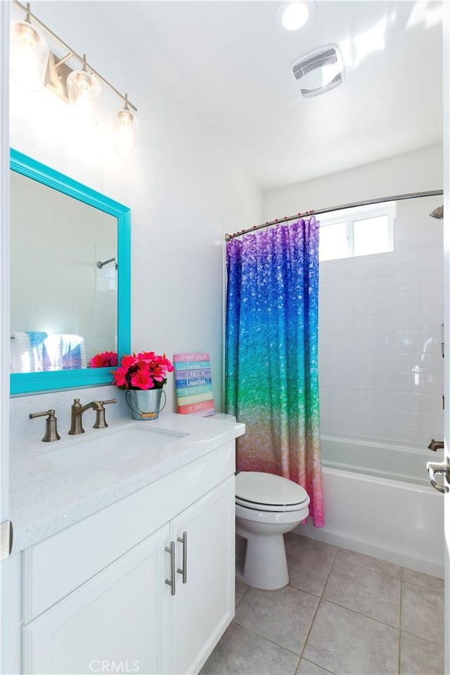 full bath featuring tile patterned flooring, toilet, shower / tub combo, visible vents, and vanity