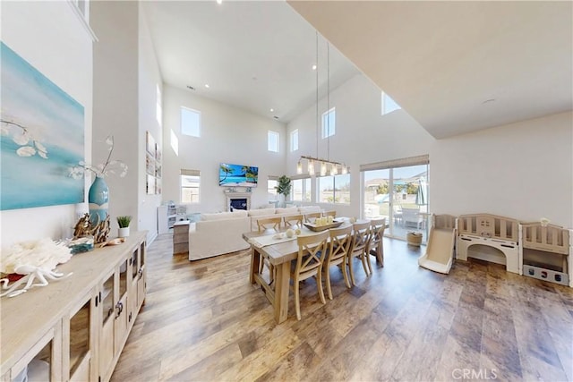 dining area with a wealth of natural light, a fireplace, and light wood-style flooring