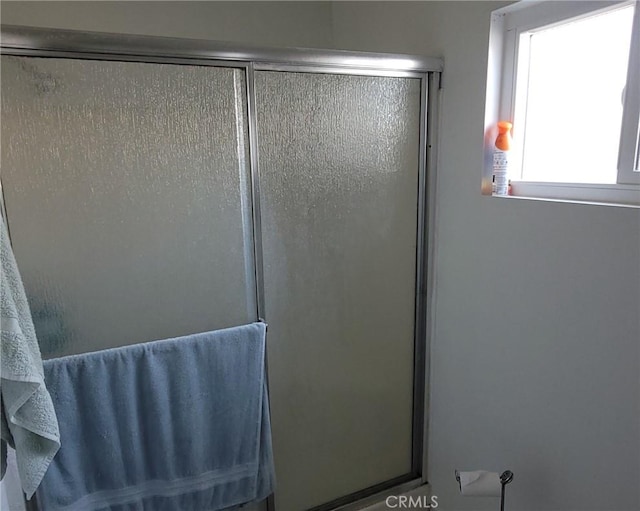 bathroom with a shower with shower door