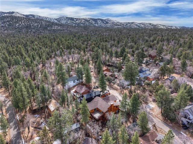 aerial view with a mountain view and a wooded view