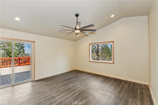 unfurnished room with recessed lighting, ceiling fan, vaulted ceiling, wood finished floors, and baseboards