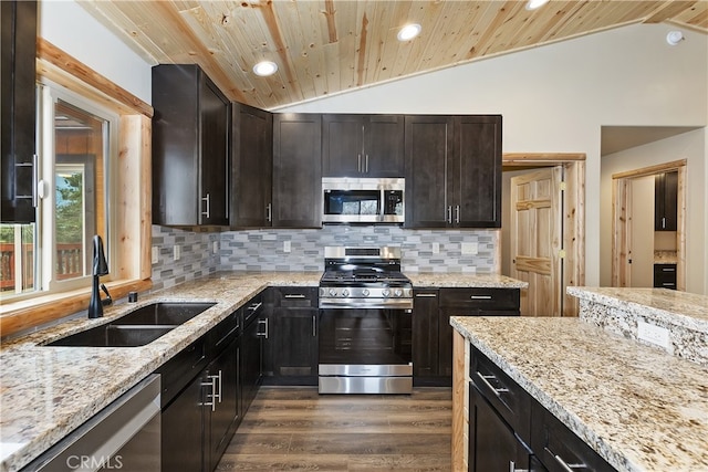 kitchen featuring lofted ceiling, wood ceiling, appliances with stainless steel finishes, a sink, and backsplash