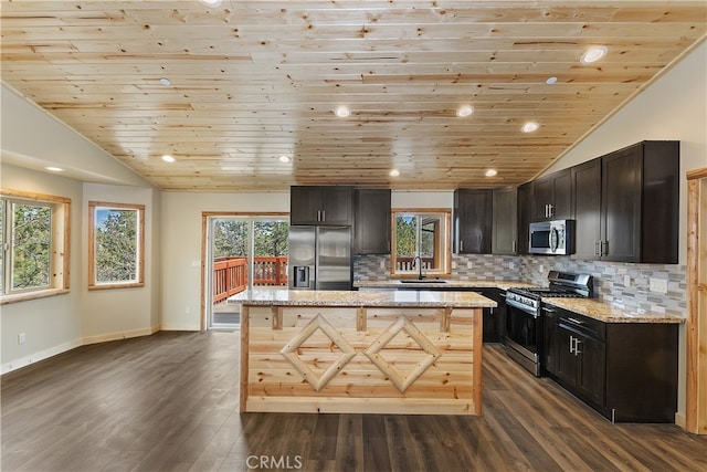 kitchen featuring lofted ceiling, stainless steel appliances, a sink, and decorative backsplash