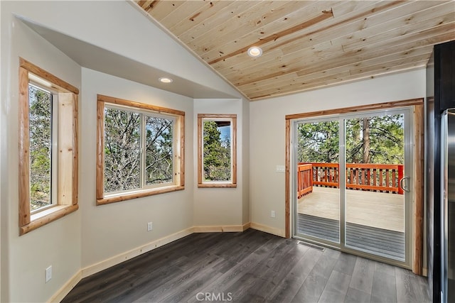 doorway with plenty of natural light, baseboards, vaulted ceiling, and dark wood-style flooring