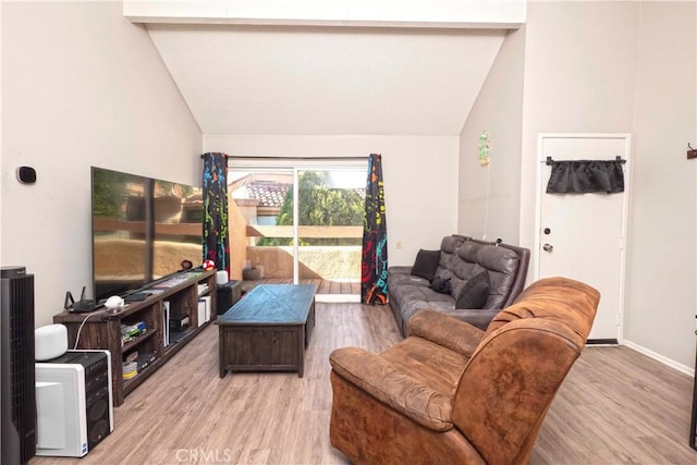 living area featuring high vaulted ceiling, beam ceiling, baseboards, and wood finished floors