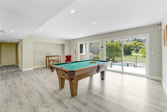 recreation room featuring visible vents, pool table, baseboards, light wood-type flooring, and recessed lighting