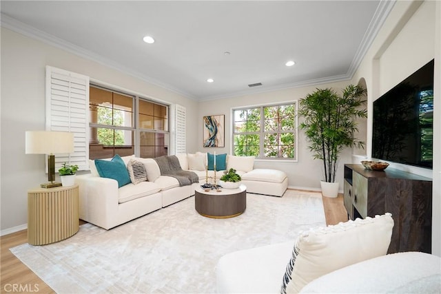 living area featuring ornamental molding and wood finished floors