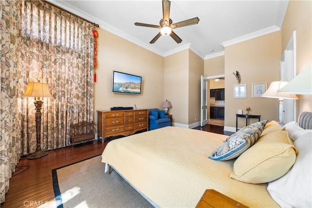 bedroom with ceiling fan, ornamental molding, wood finished floors, and baseboards