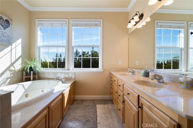 bathroom featuring crown molding, a sink, and a tub with jets