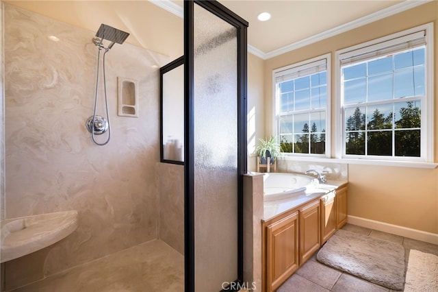 bathroom with a shower stall, ornamental molding, baseboards, and tile patterned floors