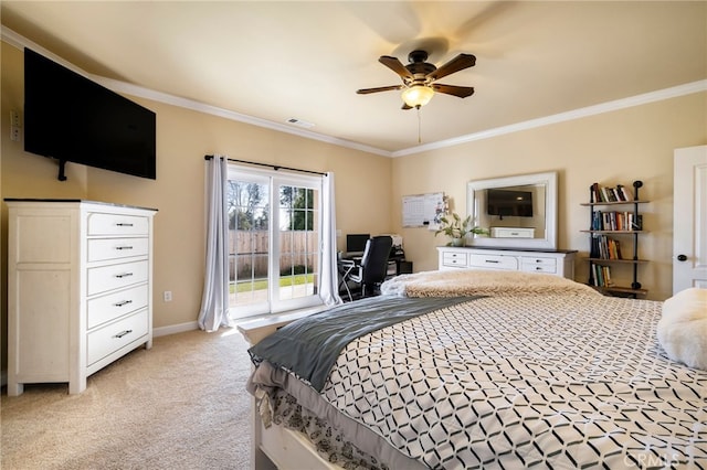 bedroom with light colored carpet, visible vents, baseboards, access to outside, and crown molding