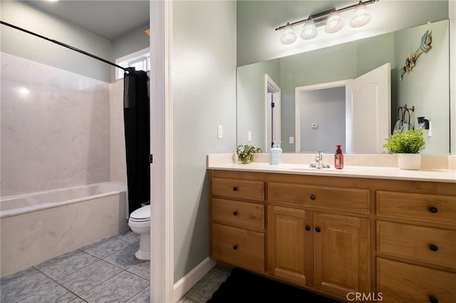 bathroom with toilet, shower / bath combination with curtain, vanity, and tile patterned floors