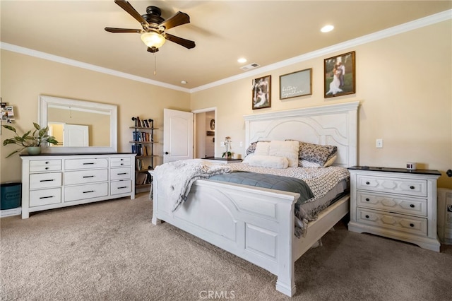 carpeted bedroom with recessed lighting, visible vents, crown molding, and ceiling fan