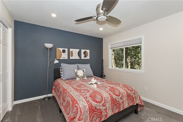 bedroom with carpet, ceiling fan, baseboards, and recessed lighting