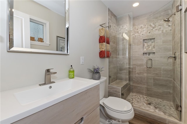 bathroom featuring toilet, a stall shower, and vanity