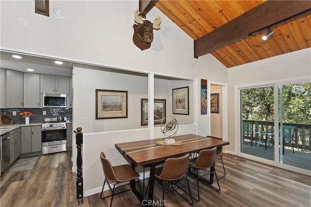 dining space with visible vents, lofted ceiling with beams, wooden ceiling, dark wood-style flooring, and track lighting