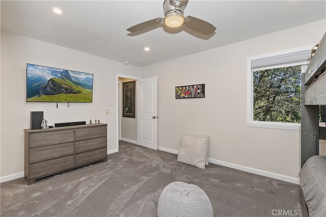 sitting room featuring recessed lighting, carpet flooring, a ceiling fan, and baseboards