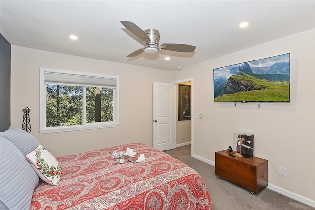 bedroom featuring carpet, baseboards, and recessed lighting