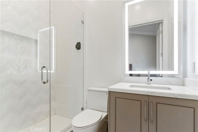 bathroom featuring toilet, a shower stall, and vanity