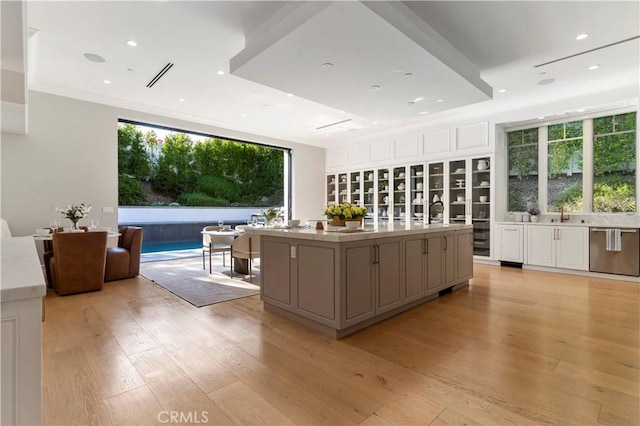 kitchen with light wood-style floors, a center island, a wealth of natural light, and dishwasher