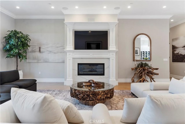 living area featuring baseboards, a premium fireplace, ornamental molding, wood finished floors, and recessed lighting