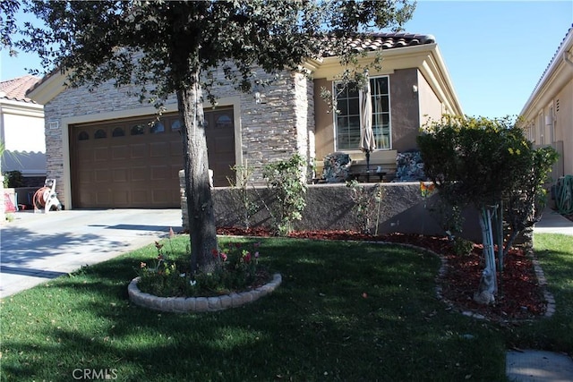 view of front facade featuring stone siding, a tile roof, driveway, and stucco siding