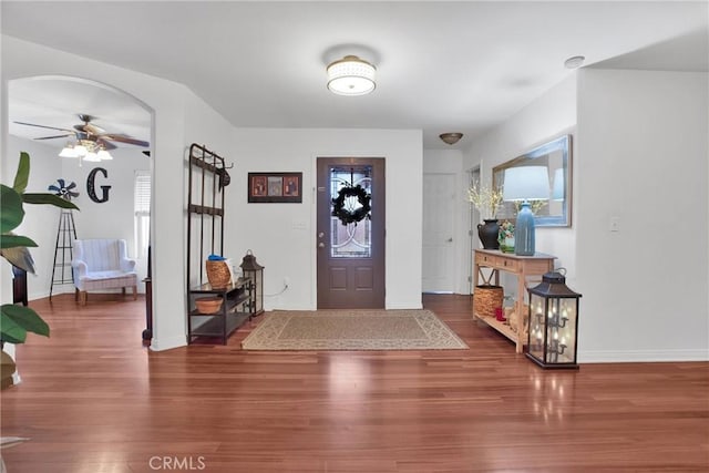 entrance foyer featuring plenty of natural light, wood finished floors, and a ceiling fan