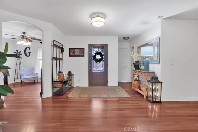 7575 Rancho Rd, Wrightwood, CA 92372 - foyer with a ceiling fan and wood finished floors