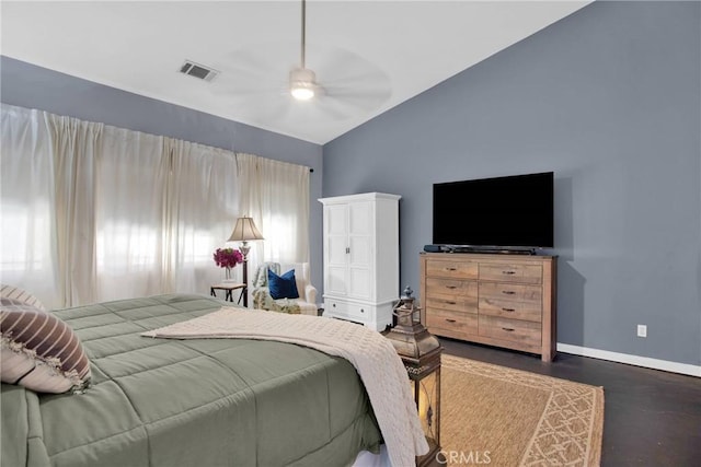 bedroom with baseboards, visible vents, ceiling fan, and vaulted ceiling