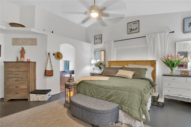 7575 Rancho Rd, Wrightwood, CA 92372 - bedroom with arched walkways, a ceiling fan, and vaulted ceiling