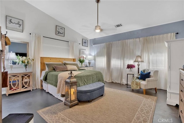 bedroom featuring visible vents, high vaulted ceiling, concrete floors, and a ceiling fan